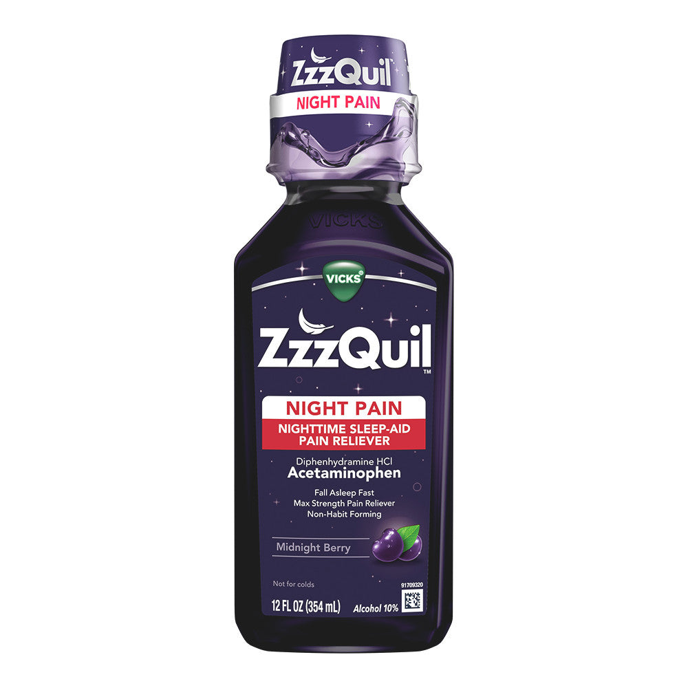 Vicks ZzzQuil Night Time Sleep Aid Pain Reliever Syrupm, Midnight Berry Flavored, 12 Oz